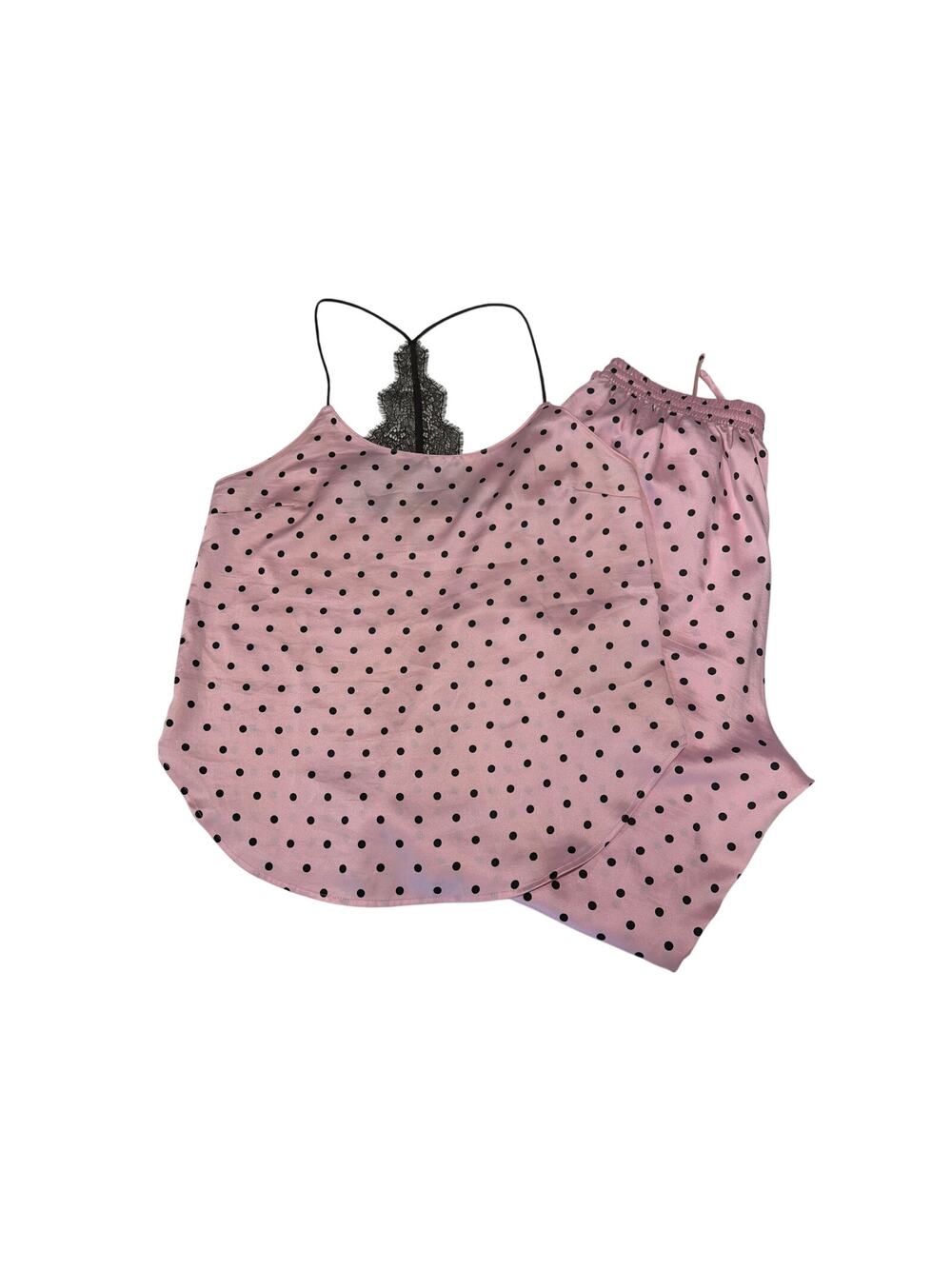Victoria Secret Size S Pink Sexy Pajama Set Pink Polka Dots Silky Material Lace
